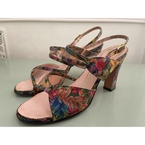 VTG 1950s Amano Floral Block Sandal Heels Sz 5 Beach Pool Summer Open Toe Fabric